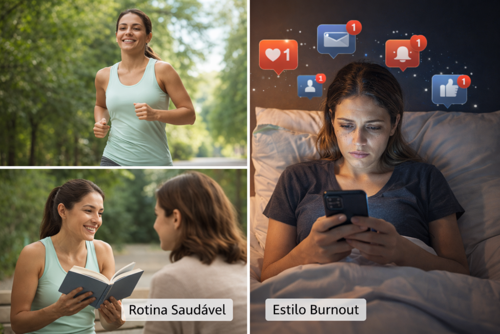 Comparação visual entre rotina saudável e estilo de vida com burnout digital